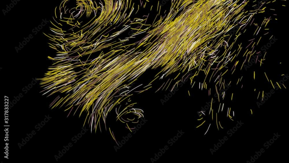 Poster Stylish, trendy and modern animation with copy space. Animation. Beautiful abstraction of multicolored particles rotating in vortex on the black background.