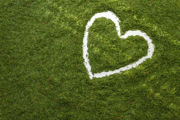 Heart of conifer needles. Hands draw. Icon isolated on a green background. Ecology concept.