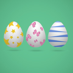 Color vector illustration of white Easter eggs with different ornaments.  Stars, bows, stripes. On a green background. Idea for a sticker, book, magazine.  Easter. Holiday print. 