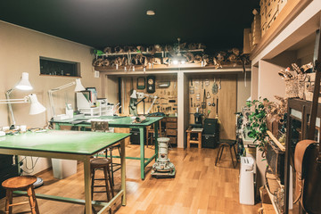 Working space and tools for leather craftsmen. - obrazy, fototapety, plakaty