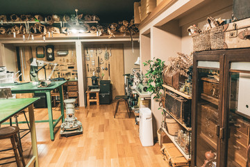 Working space and tools for leather craftsmen.