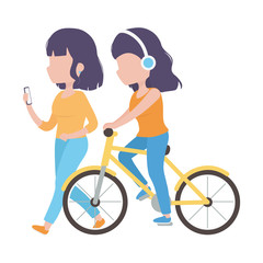 young women with smartphone and bicycle headphones