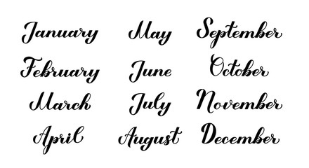 Set of hand written names of months. Modern calligraphy hand lettering months titles. Easy to edit vector template for calendar, planner, banner, typography poster, t-shirt, mug, label, flyer, etc.