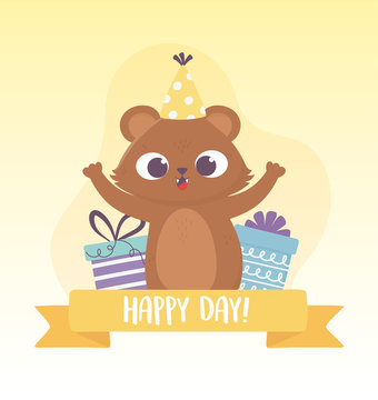 cute bear with party hat and gift boxes celebration happy day