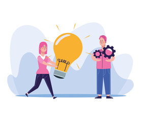 cartoon woman holding a big bulb and man with gear wheels