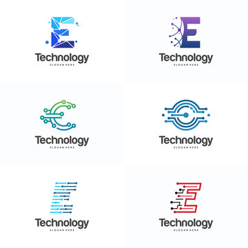 Set of E initial Technology Logo designs template, Pixel E letter logo