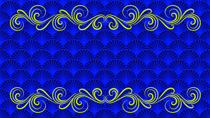 Beautiful Yellow Vine Flourish Frame Ornaments On Blue Background Flower Blooming Texture Lines Seamless Pattern