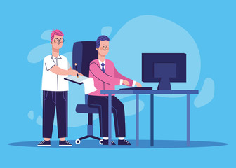 cartoon man and businessman working at office desk with computer