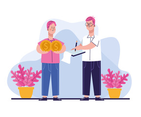 cartoon man with money coins and man writing notes