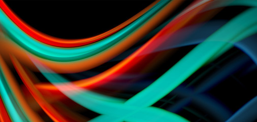 Abstract silk smooth lines on black, multicolored liquid fluid rainbow style waves on black