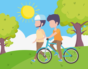 young man riding bike and man walking field trees sun sky