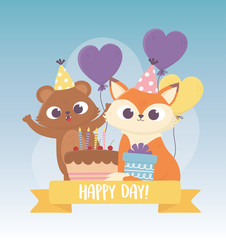 cute bear and fox with party hats cake balloons celebration happy