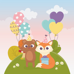 Obraz na płótnie Canvas bear fox with gifts balloons flowers celebration happy day