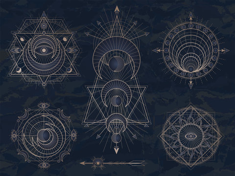 Vector set of Sacred symbols with moon, eye, sun and geometric figures on dark vintage background. Abstract mystic signs collection.