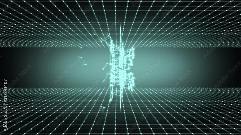 Poster looped holographic background as microcosm or nano world. seamless footage with particles forming wh