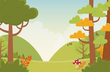 Obraz premium landscape hills trees mushroom field nature foliage background