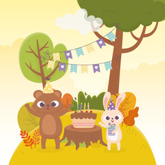 Obraz na płótnie Canvas bear and rabbit with party hats gift cake celebration happy day