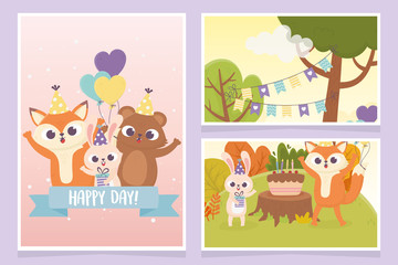 cute animals with party hats cake balloons celebration happy day