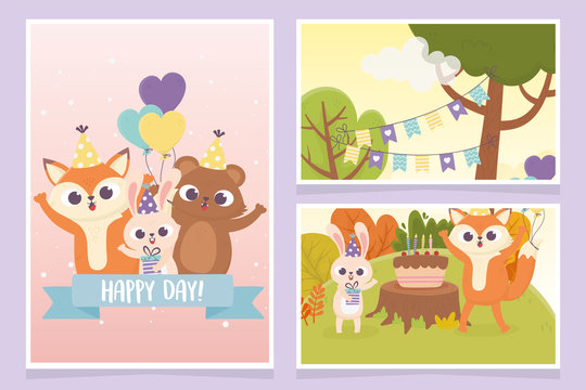 Cute Animals With Party Hats Cake Balloons Celebration Happy Day