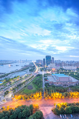 Shanghai, China aerial view of the Pudong financial district