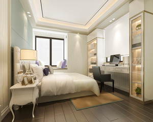 3d rendering beautiful classic luxury bedroom suite in hotel with tv and working table and bookshelf european style