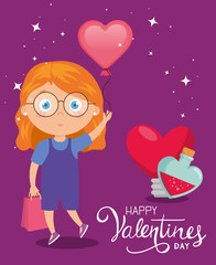 happy valentines day card with cute girl and decoration