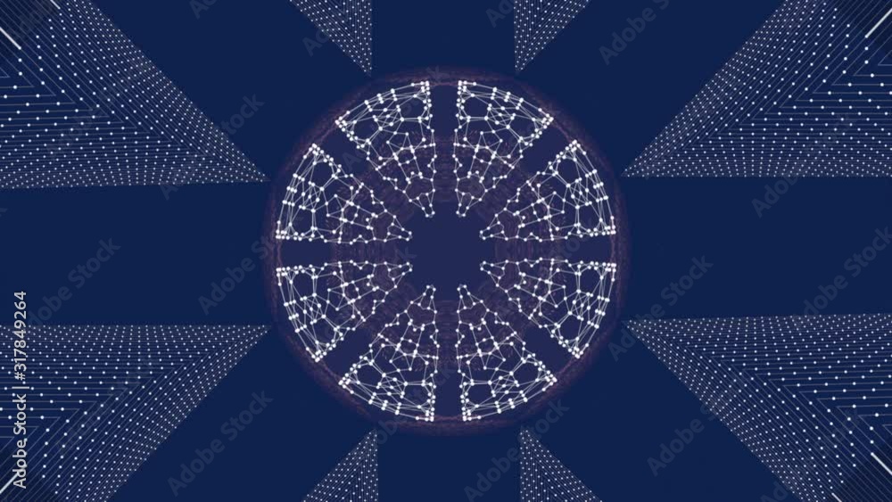 Poster abstract fractal magnetic field around a globe in shiny plexus grid over blue background.