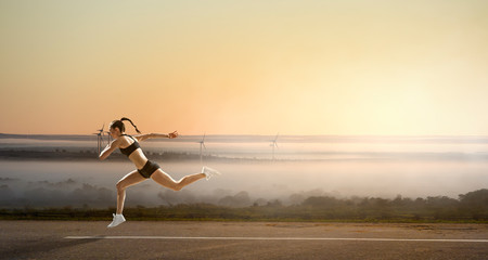 Sportswoman run race. Mixed media