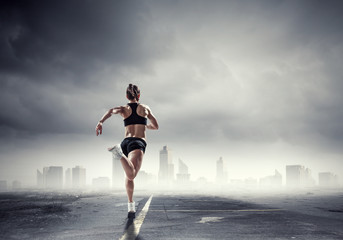 Fototapeta na wymiar Sportswoman run race. Mixed media