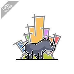 Rhinoceros with tree and building background safari zoo logo vector	