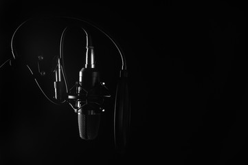 Professional Microphone in Recording Studio, Professional Studio, monochrome Background with space...