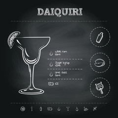 Daiquiri. Image of a cocktail and a set of ingredients for making a drink at the bar. Sketch on a black chalkboard. Vector illustration