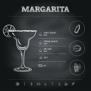 Margarita. Image of a cocktail and a set of ingredients for making a drink at the bar. Sketch on a black chalkboard. Vector illustration