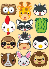 Collection of cute baby animals in cartoon, 12 item face animals