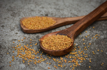Fenugreek seeds in wooden spoon on textured background