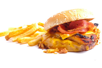 A close up picture of crispy cheesy bbq grilled burger with fries on white background.
