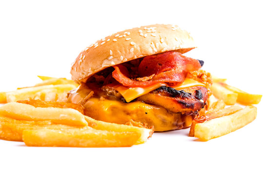 A close up picture of crispy cheesy bbq grilled burger with fries on white background.