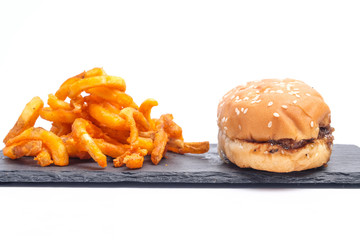 hamburger and not so curly fries