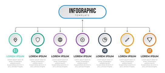 Business infographic template with 7 options, list, steps, processes. Can be used for workflow, outline, chart, diagram, information, presentation, slide, brochure, poster, etc.