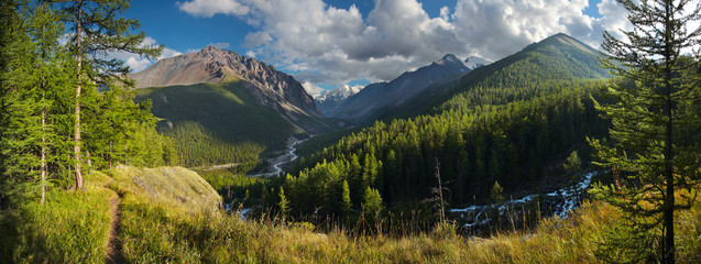 Panoramic mountain view. Two valleys with rivers, forested slopes, snow-capped peaks. Travel and...