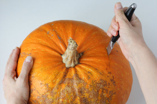 Raw whole pumpkin with knife in it and woman hands trying to cut pupking on the white background. Concept how to cut pumpkin with tough peel