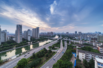 Naklejka na ściany i meble city highway interchange in shanghai on traffic rush hour