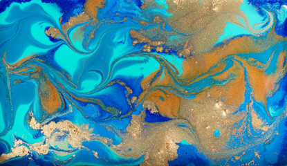 Fototapeta na wymiar Marbled blue and gold abstract background. Liquid marble pattern.