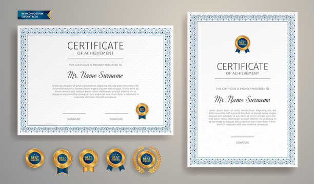 Blue and gold certificate of appreciation template with gold badge and border