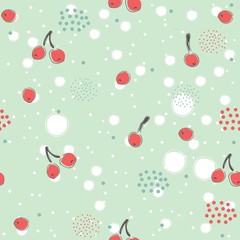Cute Seamless Pattern cherries dotted background. hand Drawn Delicate Design