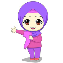 Chibi Muslim female cartoon characters. daily activities of children, are practicing wearing their own clothes. vector