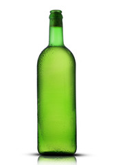 green bottle with wine and drops
