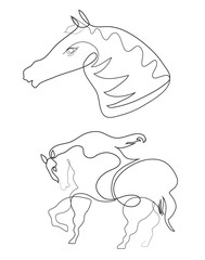 One continuous line drawing of horse and Portrait of a horse. Simple line art drawing of  horse head © taylanzgr