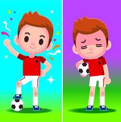 Vector football player, soccer player, in different emotion, winning and losing