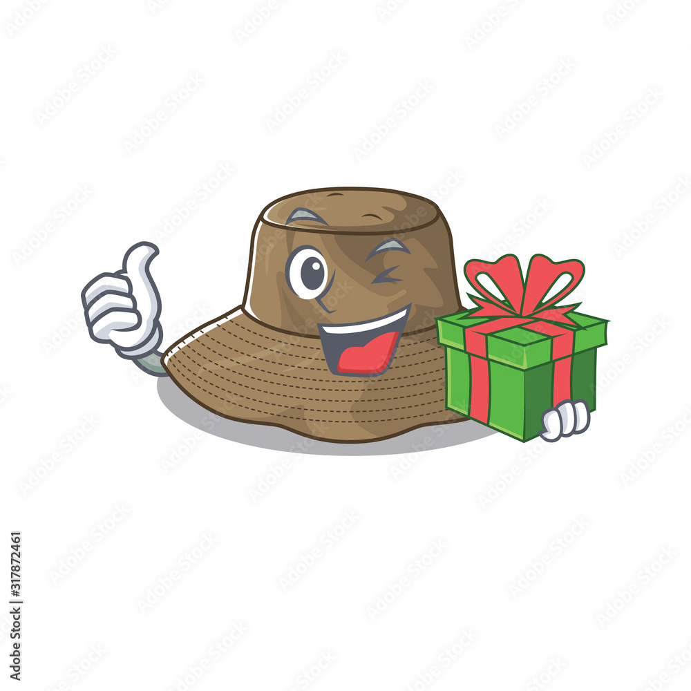 Sticker Smiley bucket hat character with gift box